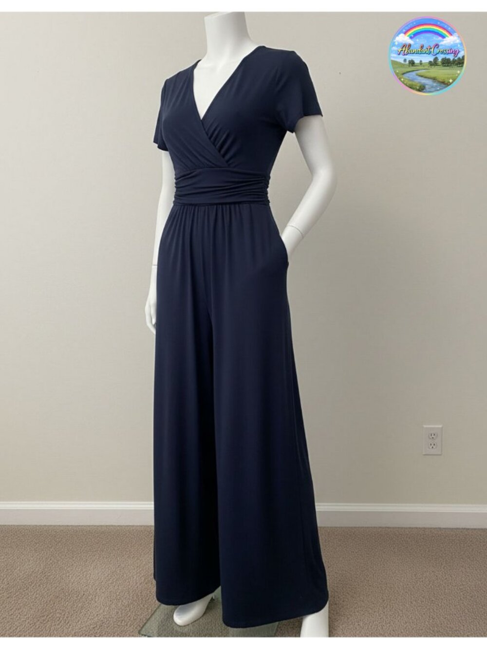 Womens Wide Leg Jumpsuit Short Sleeve V Neck Romper Pockets